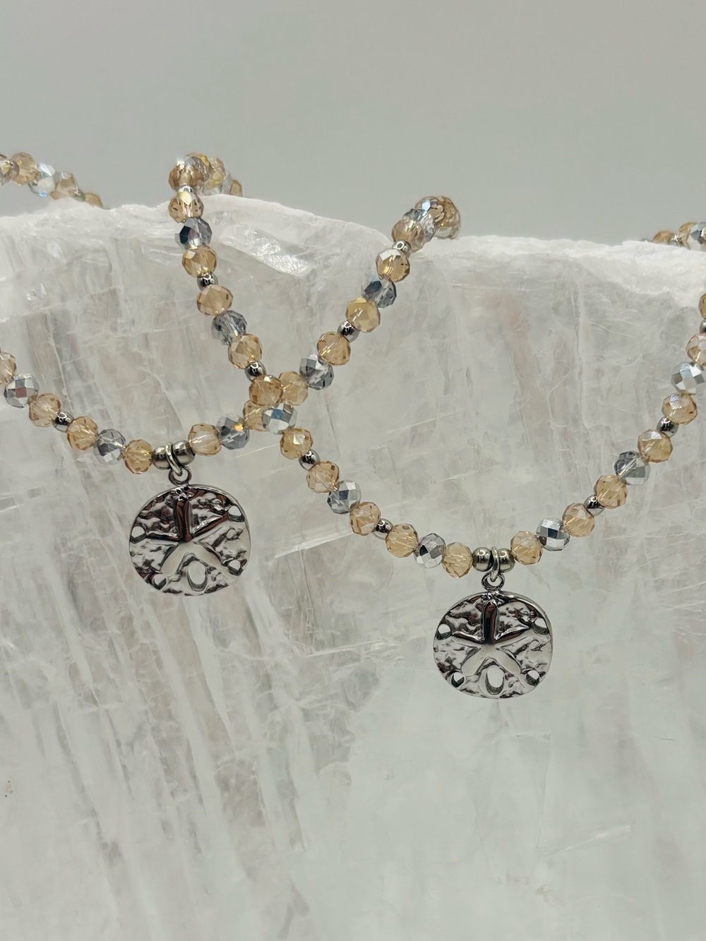 *ANKLET* S. Steel Silver Sand Dollar with Champagne Crystal Stretchy Anklet
